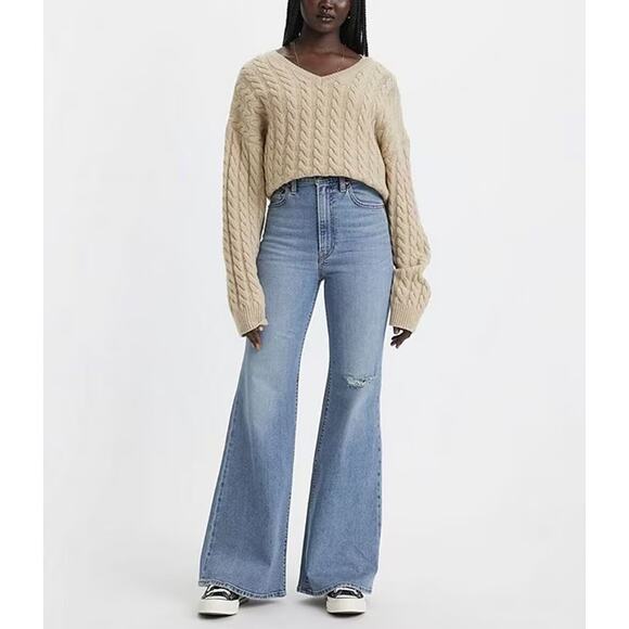 Levi's Super High Rise Jeans Womens 27 Distressed Denim Bell Flare Blue Ribcage - Picture 1 of 8